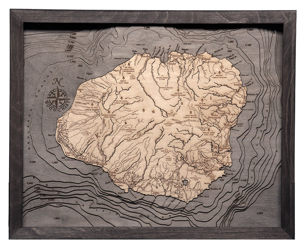 Kauai, Hawaii 3-D Nautical Wood Chart, Small, 16" x 20"