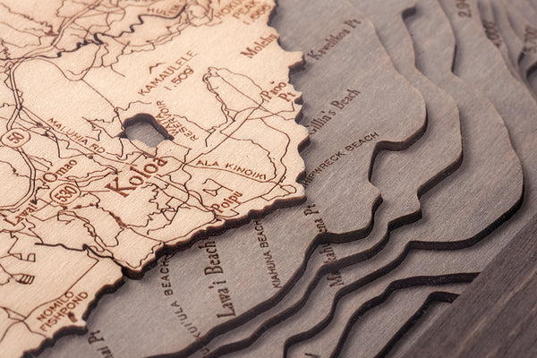 Kauai, Hawaii 3-D Nautical Wood Chart, Small, 16" x 20"