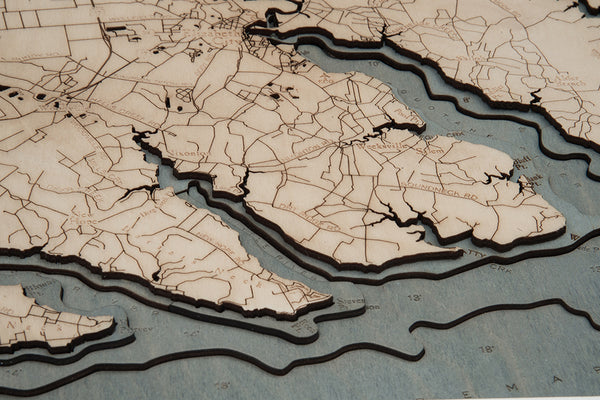 Virginia Beach to Kitty Hawk 3-D Nautical Wood Chart, Large, 24.5" x 31"