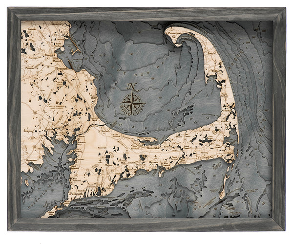 Cape Cod, Massachusetts wood chart map made using dark green and natural wood on white background