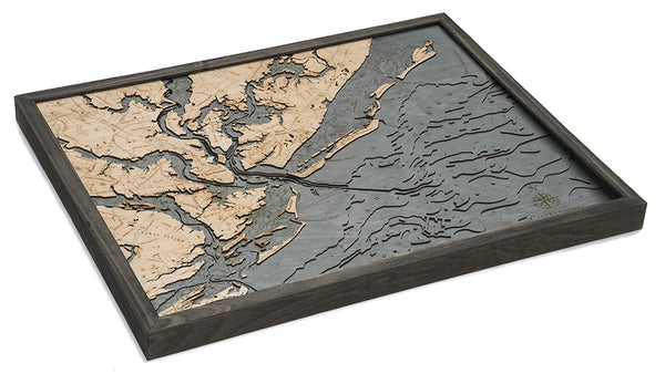 Charleston, South Carolina wood chart map made using dark green and natural wood on white background with dark colored frame laying flat